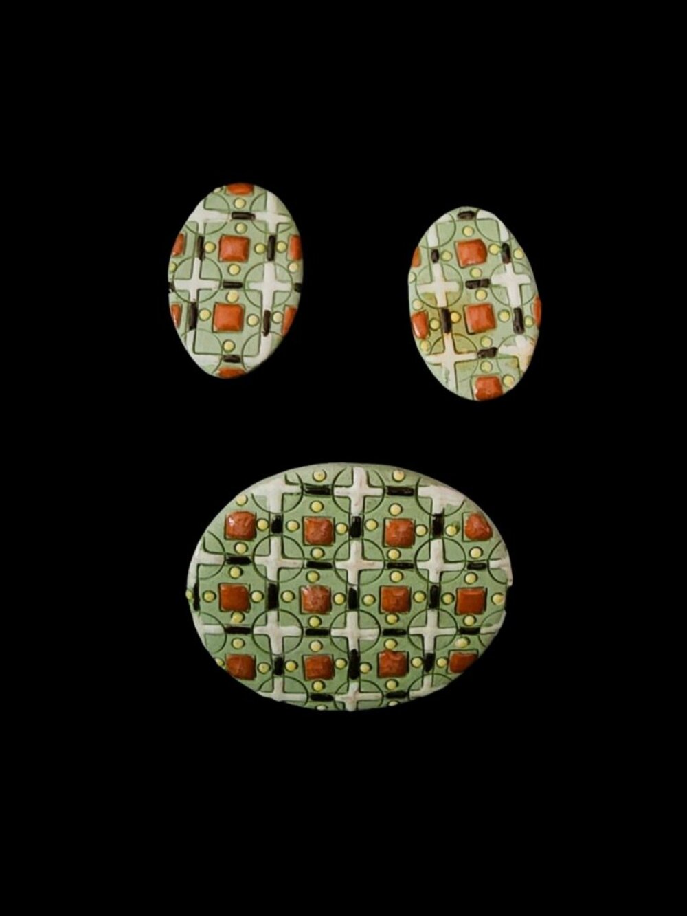 MCM 1950s Chicago Studio Art Clay Enamel Signed Julie G Brooch & Earring Set